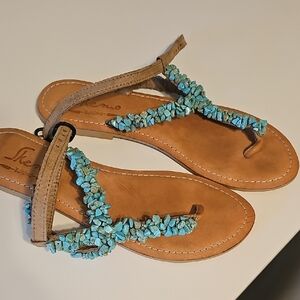Skemo Tan Sandals with Blue Embellishments